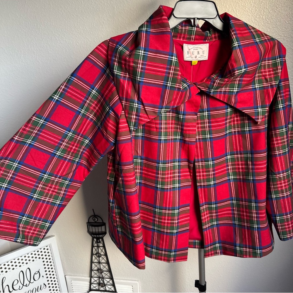 NWT Buru Grace Coordinating Tartan Printed Brocade Oversized Point Collar Coat - Picture 5 of 9
